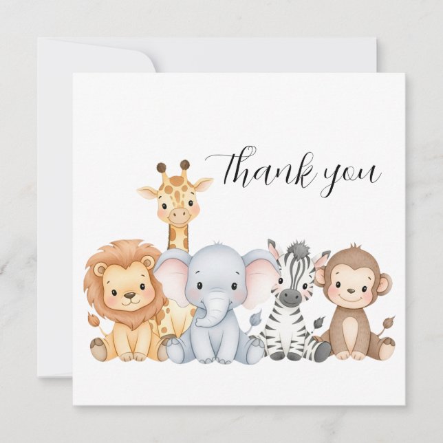 Jungle Safari "It's About To Get Wild" Baby Shower Thank You Card (Front)