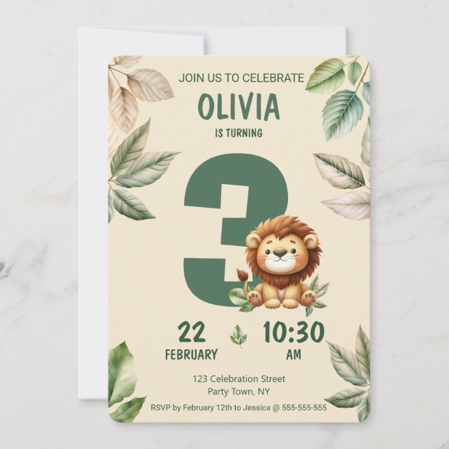 Jungle Safari Lion and Leaves Birthday Invitation (Front)