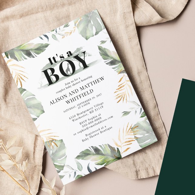 Jungle Safari Palm Leaves Couples Baby Shower Invitation (Jungle Palm Leaves Couples Boy Baby Shower Invitation)