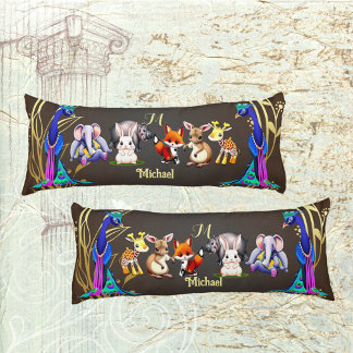 Jungle Safari Peacock Elephant Hare Rhino Monogram Body Cushion