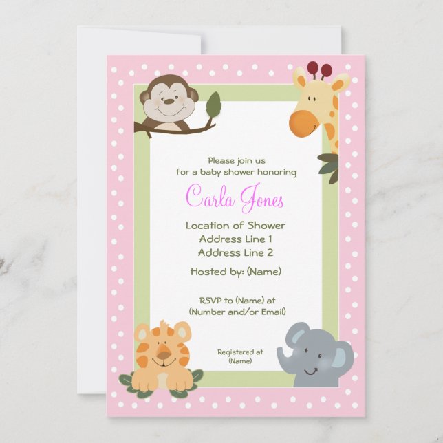 Jungle Safari Pink 5x7 Baby Shower Invitations (Front)