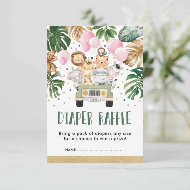 Jungle Safari Pink Balloon Baby Girl Diaper Raffle Enclosure Card (Standing Front)