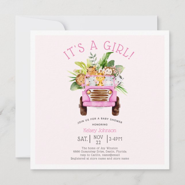 Jungle Safari Truck It's a Girl Pink Baby Shower Invitation (Front)