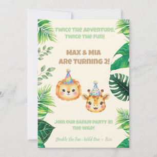 Jungle Safari Twins Boy Girl Birthday Invitation  