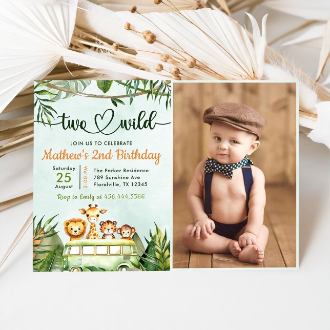 Jungle Safari Two Wild 2nd Birthday Photo Invitation (Creator Uploaded)