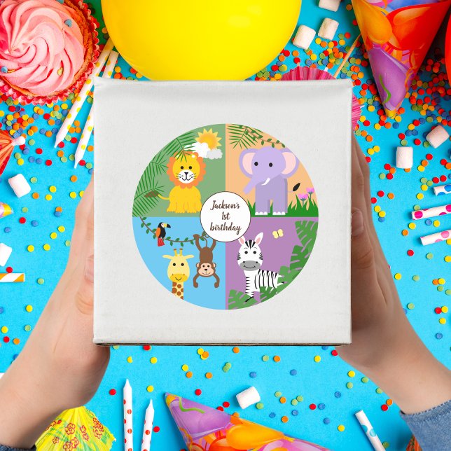Jungle Safari Wild Animal Kids Birthday Colourful Classic Round Sticker (Creator Uploaded)
