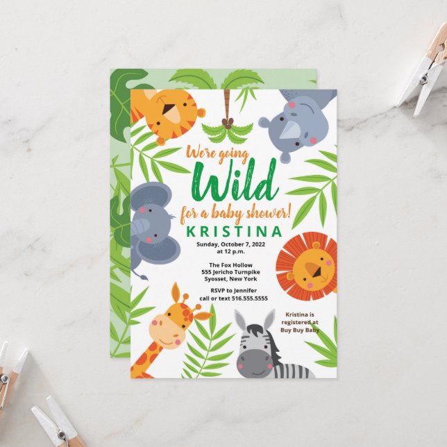Jungle Safari Wild Animals Greenery Baby Shower Invitation (Front/Back In Situ)