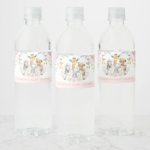 Jungle Safari Wild Baby Animals Blush Floral Favou Water Bottle Label