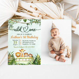 Jungle Safari Wild One 1st Birthday Photo Invitation