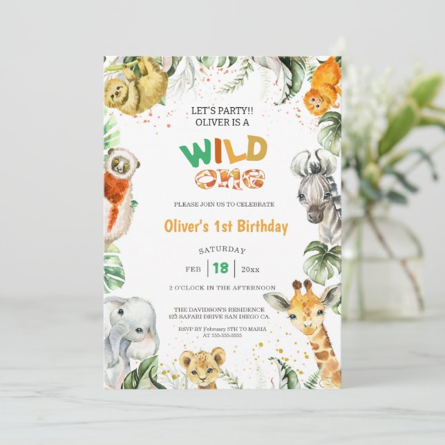 Jungle Safari Wild One Animals 1st Birthday Invitation (Standing Front)