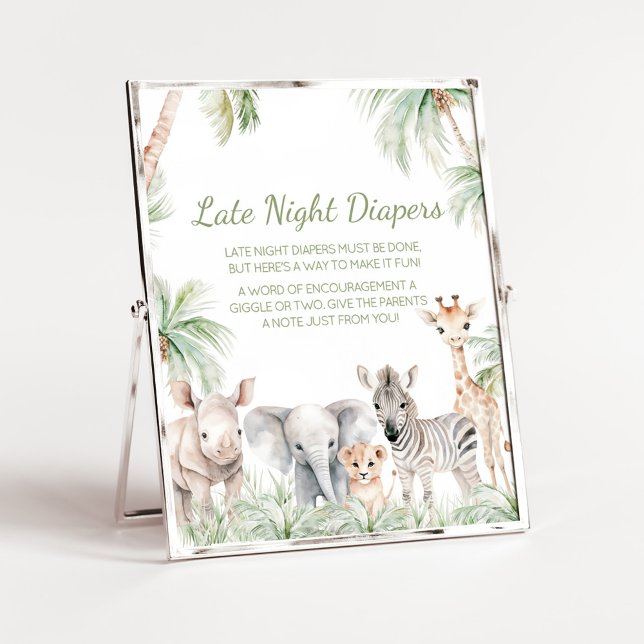 Jungle Safari Wild One Animals Late Night Diapers Poster (Jungle Safari Animals Wild One Baby Shower Late Night Diapers Sign)