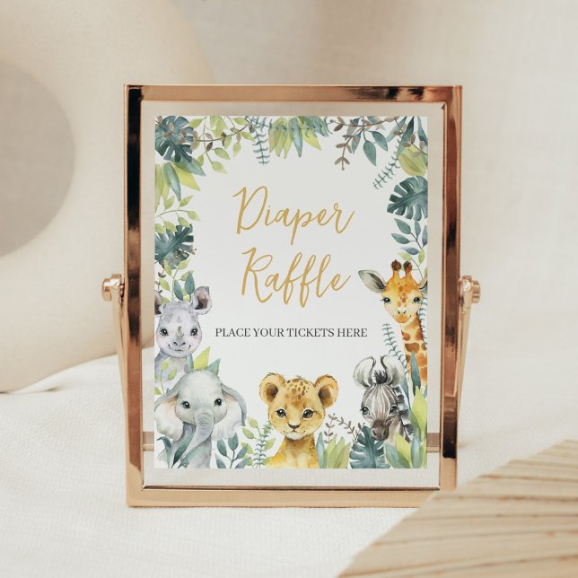 Jungle Safari Wild One Baby Shower Diaper Raffle Poster (Greenery Safari Animals Baby Shower Diaper Raffle Sign)