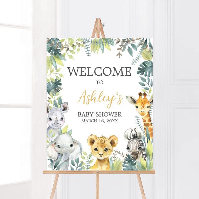 Jungle Safari Wild One Baby Shower Welcome Poster (Greenery Safari Animals Baby Shower Welcome Sign)