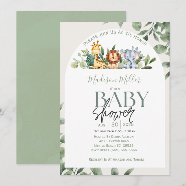 Jungle Sarfari Animals Green Leaves Baby Shower   Invitation (Front/Back)