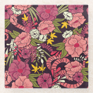 Jungle snakes, tropical flowers, vintage pattern. glass coaster
