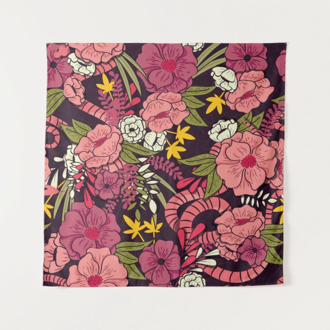 Jungle snakes, tropical flowers, vintage pattern. tapestry (Front)