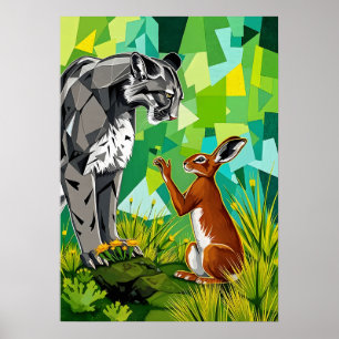 Jungle Standoff – Geometric Cougar and Rabbit Poster