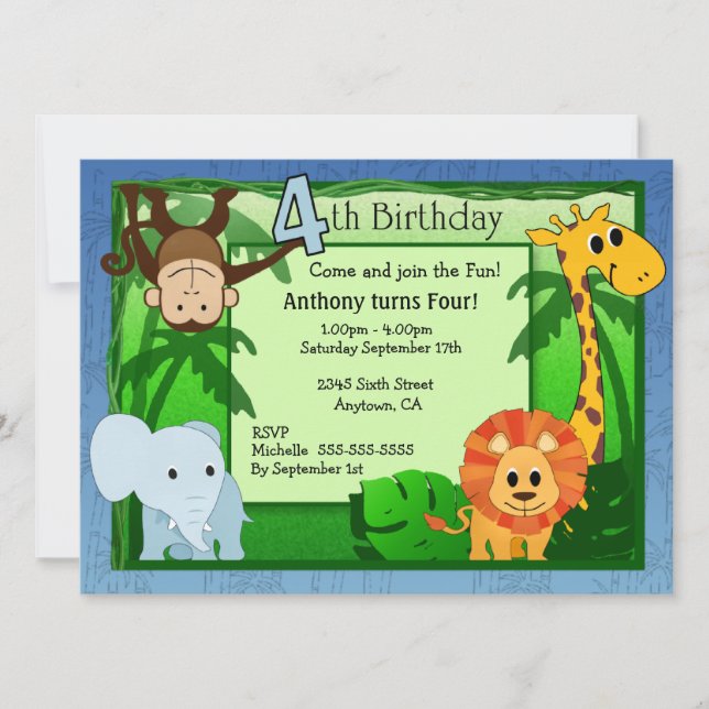 Jungle Theme 4th Birthday Invitation (Front)