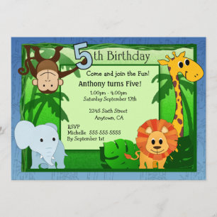 Jungle Theme 5th Birthday Invitation