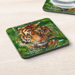 Jungle Tiger Beverage Coaster   Colourful Tiger Ar