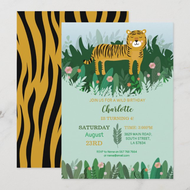 Jungle Tiger Birthday Zoo Safari Wild Invitation (Front/Back)
