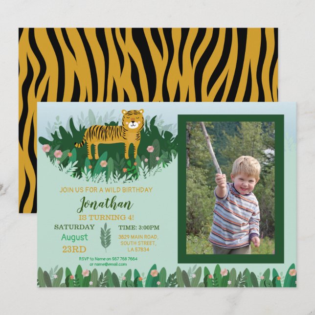 Jungle Tiger Birthday Zoo Safari Wild Photo Invitation (Front/Back)