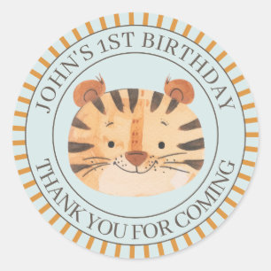 Jungle Tiger Blue Safari Birthday Thank You Classic Round Sticker