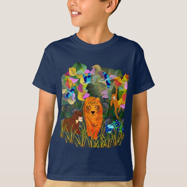 Jungle Tiger Sun Bear Peacock Monkey Indian Roller T-Shirt (Front)