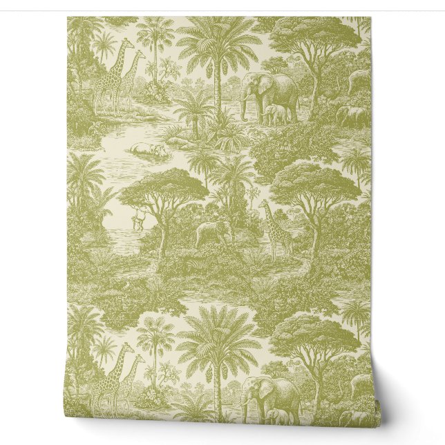Jungle Toile Pattern Tropical Scenic Botanical Des Wallpaper (Unrolling)