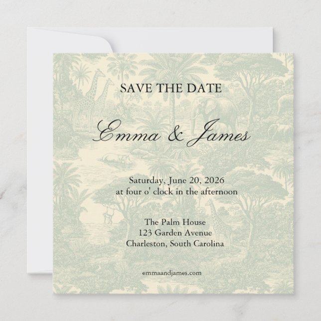Jungle Toile Pattern Tropical Scenic Design Save The Date (Front)