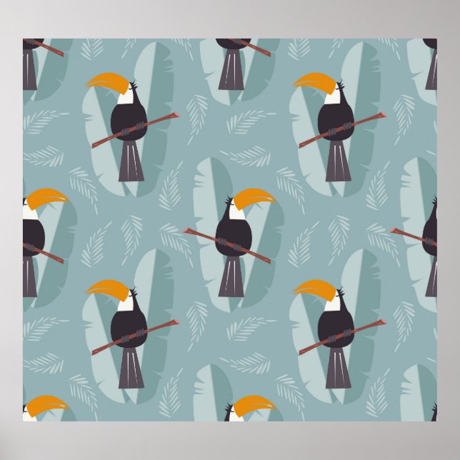 Jungle toucan, seamless blue background. poster (Front)