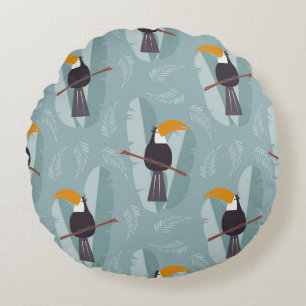 Jungle toucan, seamless blue background. round cushion