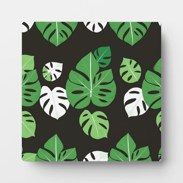 Jungle Tropical Monstera Leaves Black Background  Plaque (Front)