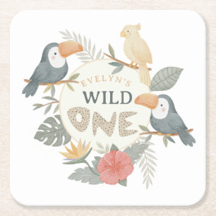 Jungle Tropical Toucan Girls Wild One 1st Birthday Square Paper Coaster