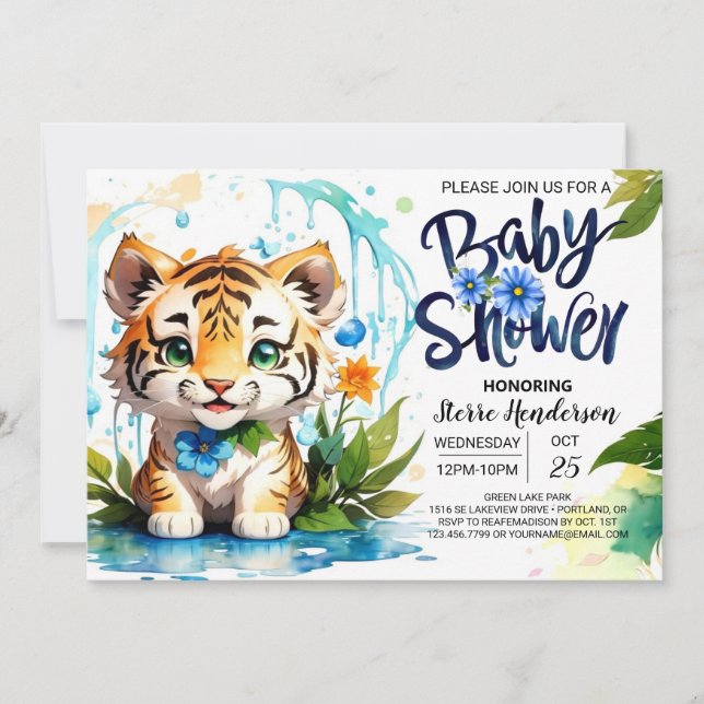 Jungle Vibes Blue Tiger Theme Baby Shower Invitation (Front)
