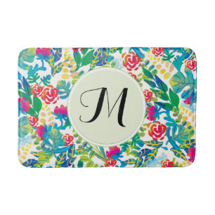 Jungle Watercolor Flowers Floral Fine Monogram Bath Mat