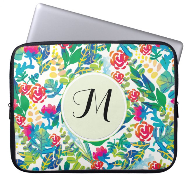 Jungle Watercolor Flowers Floral Fine Monogram Laptop Sleeve (Front)