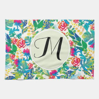 Jungle Watercolor Flowers Floral Fine Monogram Tea Towel