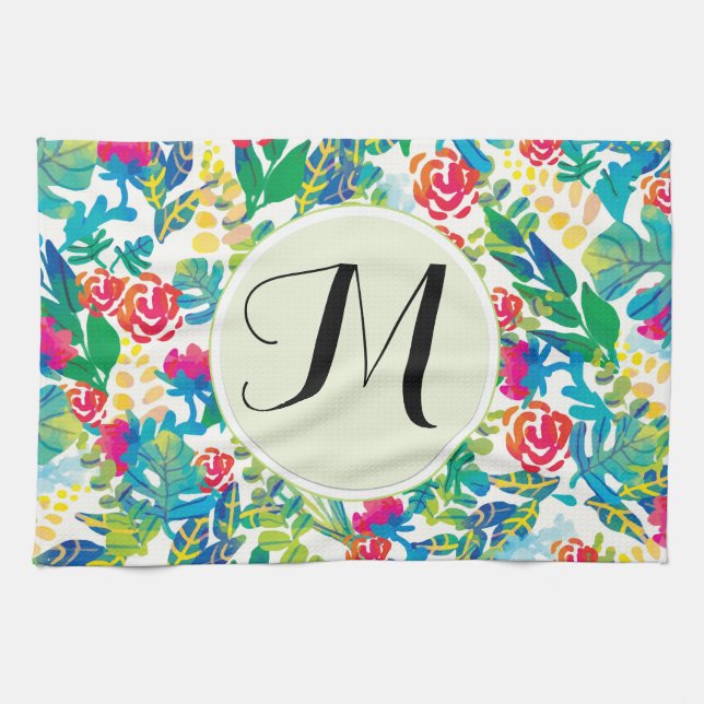 Jungle Watercolor Flowers Floral Fine Monogram Tea Towel (Horizontal)