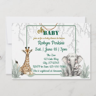 Jungle Watercolor Giraffe Elephant baby shower Invitation