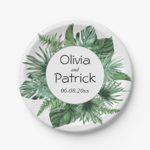 Jungle watercolor tropical green leaves paper plate