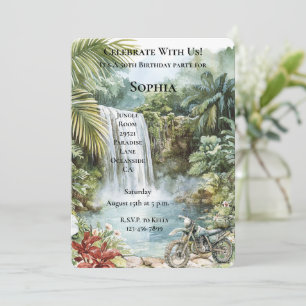 Jungle Waterfall Tropical Motorcycle Birthday Invitation
