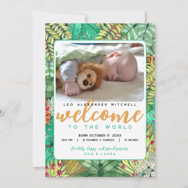 Jungle Welcome to the World Photo Birth Announcement (Front)