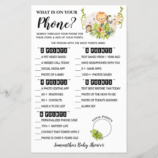 Jungle What is on your Phone Baby Shower Game card (Front)