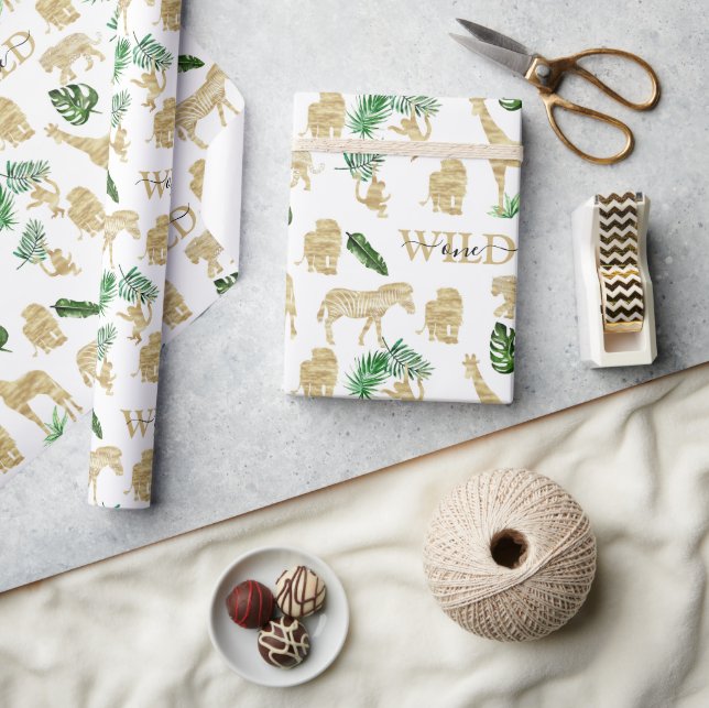 Jungle Wild Animal Pattern Elegant Gold Green Wrapping Paper (Crafts)