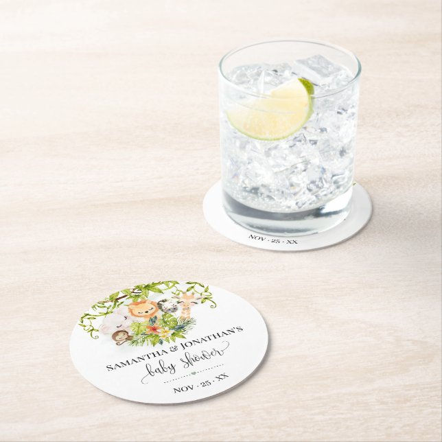 Jungle Wild Baby Animals Tropical Baby Shower Round Paper Coaster (Insitu)