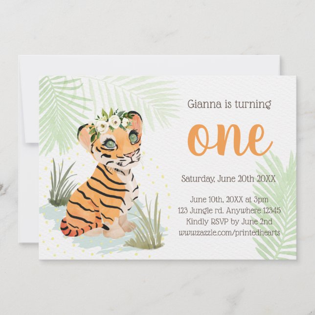 Jungle Wild & Free Floral 1st Birthday Tiger Invitation (Front)