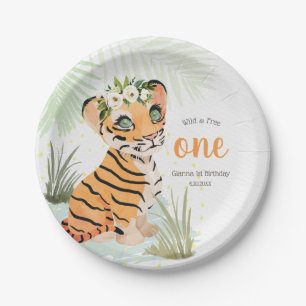 Jungle Wild & Free Floral 1st Birthday Tiger  Paper Plate