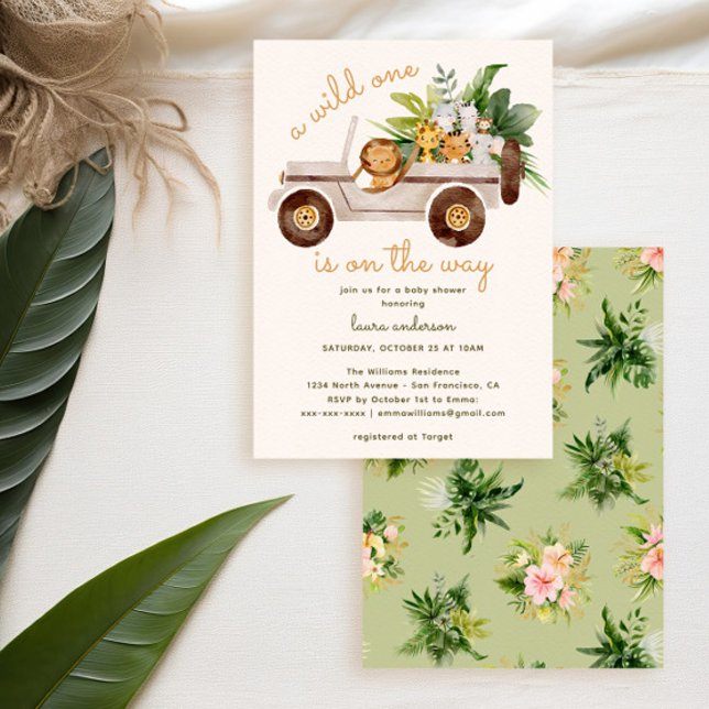 Jungle Wild One Animal Safari Baby Shower Invitation (Safari baby shower invitation with watercolor animals in 4x4 car and tropical flowers)