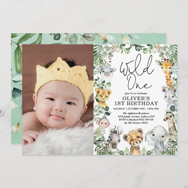 Jungle Wild One Greenery Safari 1st Birthday Photo Invitation (Front/Back)